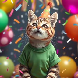 A photorealistic depiction of a girl cat wearing a green T-shirt and a festive birthday hat