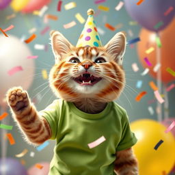 A photorealistic depiction of a girl cat wearing a green T-shirt and a festive birthday hat