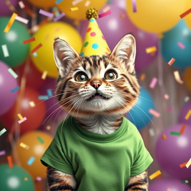 A photorealistic depiction of a girl cat wearing a green T-shirt and a festive birthday hat