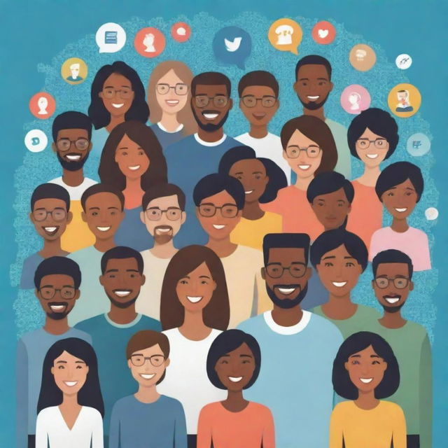 An artistic representation of the phrase 'The Good Use of Social Networks' featuring diverse individuals engaging positively on digital platforms, sharing ideas, and expanding their knowledge.
