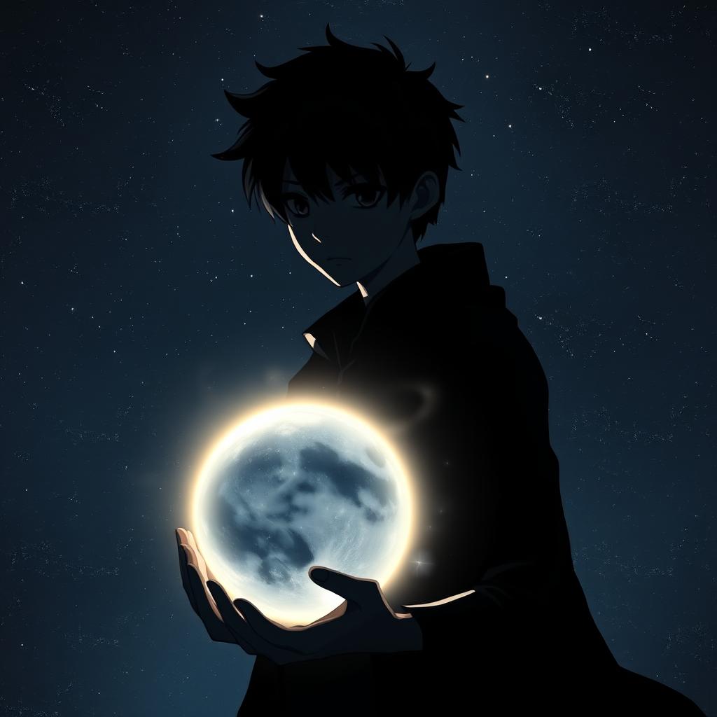 A shadowy young male character holding a planet, surrounded by a mysterious aura