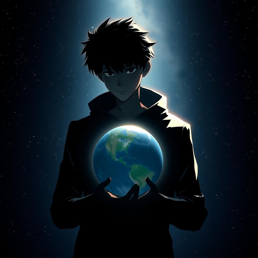 A shadowy young male character holding a planet, surrounded by a mysterious aura