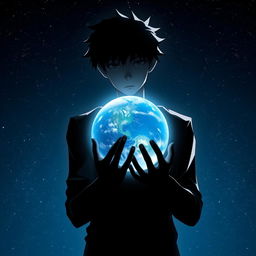 A shadowy young male character holding a planet, surrounded by a mysterious aura