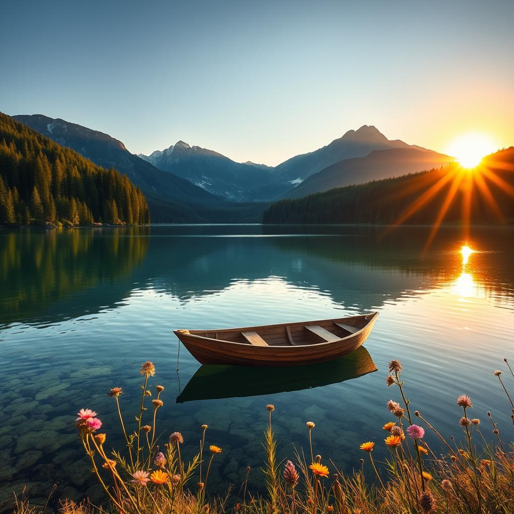 A tranquil, serene landscape featuring a crystal-clear lake surrounded by lush, verdant forests