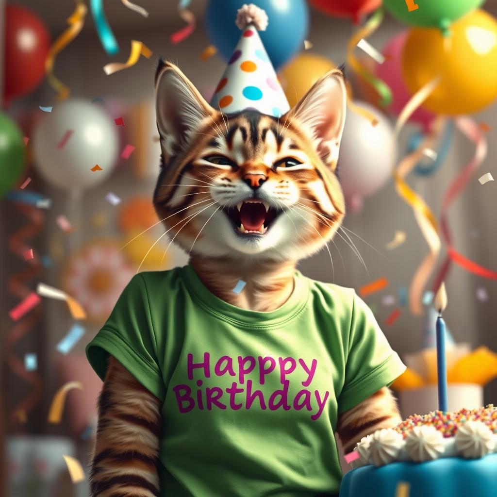 A photorealistic image of a cat-girl wearing a green T-shirt, joyfully celebrating her birthday