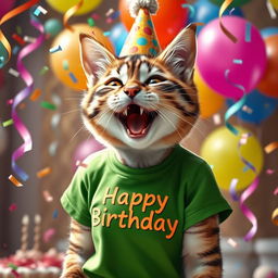 A photorealistic image of a cat-girl wearing a green T-shirt, joyfully celebrating her birthday