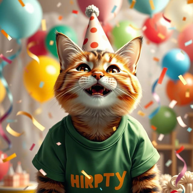 A photorealistic image of a cat-girl wearing a green T-shirt, joyfully celebrating her birthday