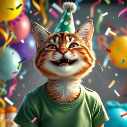 A photorealistic image of a cat-girl wearing a green T-shirt, joyfully celebrating her birthday