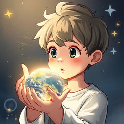 A young male character holding a planet, depicted with a sense of awe and wonder