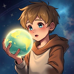 A young male character holding a planet, depicted with a sense of awe and wonder