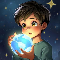 A young male character holding a planet, depicted with a sense of awe and wonder