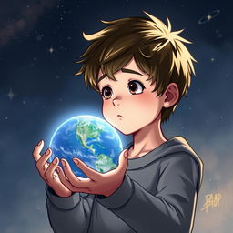 A young male character holding a planet, depicted with a sense of awe and wonder