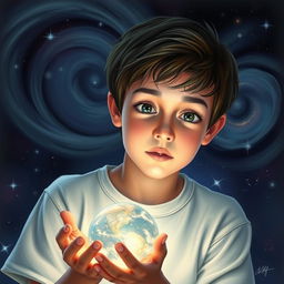 A teenager holding a glowing planet, depicted with a sense of wonder and discovery