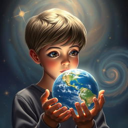 A teenager holding a glowing planet, depicted with a sense of wonder and discovery