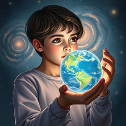 A teenager holding a glowing planet, depicted with a sense of wonder and discovery