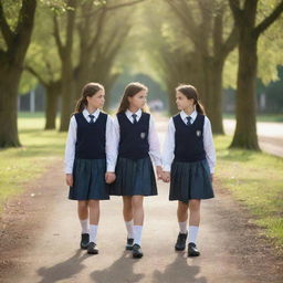 Two schoolgirls in uniform, deep in a serious conversation as they walk along a tree-lined path on their way to school in the soft morning light.