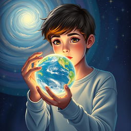 A teenager holding a glowing planet, depicted with a sense of wonder and discovery