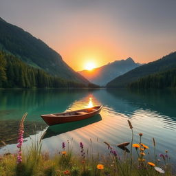 A tranquil, serene landscape featuring a crystal-clear lake surrounded by lush, verdant forests