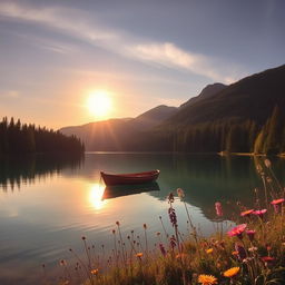 A tranquil, serene landscape featuring a crystal-clear lake surrounded by lush, verdant forests