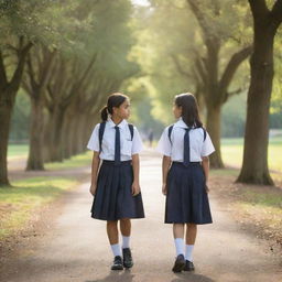 Two schoolgirls in uniform, deep in a serious conversation as they walk along a tree-lined path on their way to school in the soft morning light.