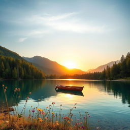 A tranquil, serene landscape featuring a crystal-clear lake surrounded by lush, verdant forests