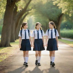 Two schoolgirls in uniform, deep in a serious conversation as they walk along a tree-lined path on their way to school in the soft morning light.