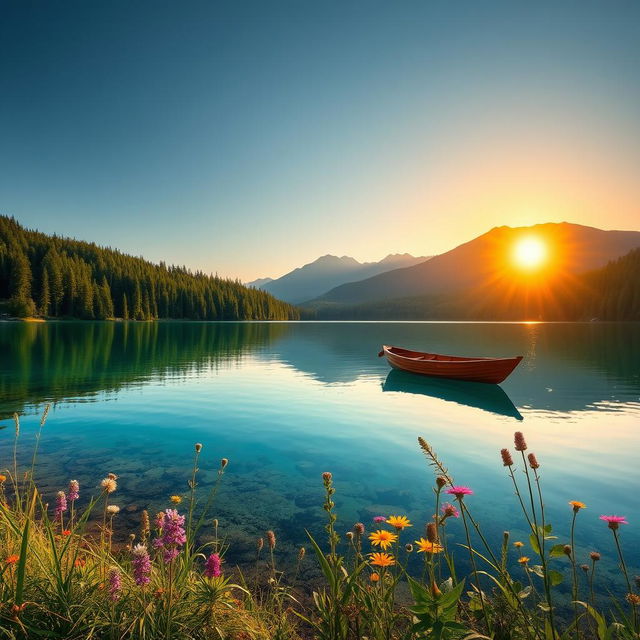 A tranquil, serene landscape featuring a crystal-clear lake surrounded by lush, verdant forests