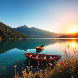 A tranquil, serene landscape featuring a crystal-clear lake surrounded by lush, verdant forests