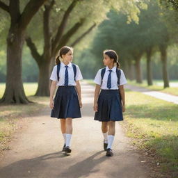 Two schoolgirls in uniform, deep in a serious conversation as they walk along a tree-lined path on their way to school in the soft morning light.