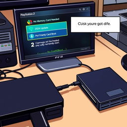 Illustration of a PlayStation 2 setup featuring a console with a connected external hard drive