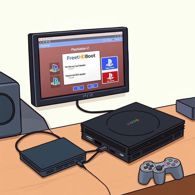 Illustration of a PlayStation 2 setup featuring a console with a connected external hard drive