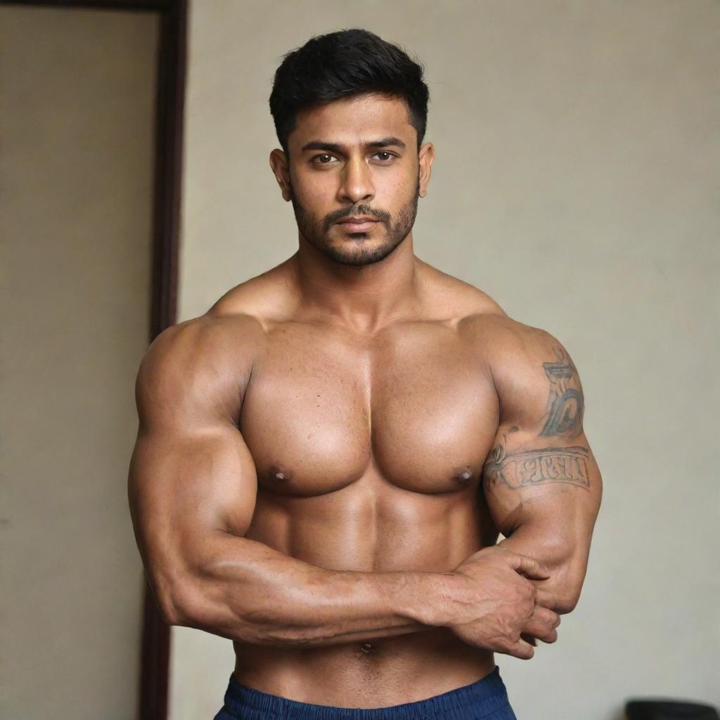 A handsome muscular man showcasing a tattoo on his arm that reads 'Prabin Biswa'.