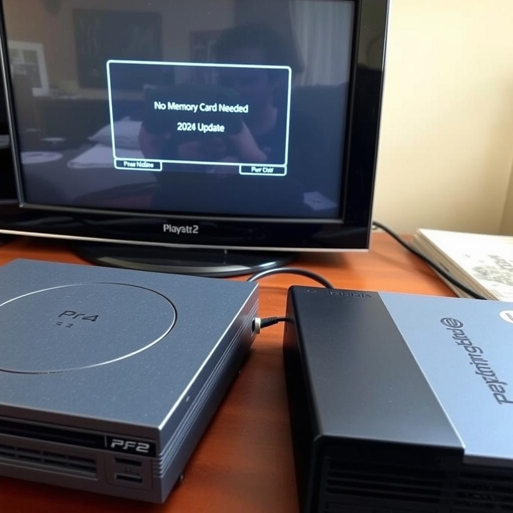 A realistic depiction of a PlayStation 2 setup featuring a console with a connected external hard drive, showing the FreeHDBoot interface on a TV screen