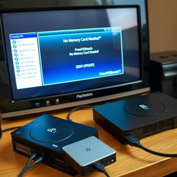 A realistic depiction of a PlayStation 2 setup featuring a console with a connected external hard drive, showing the FreeHDBoot interface on a TV screen