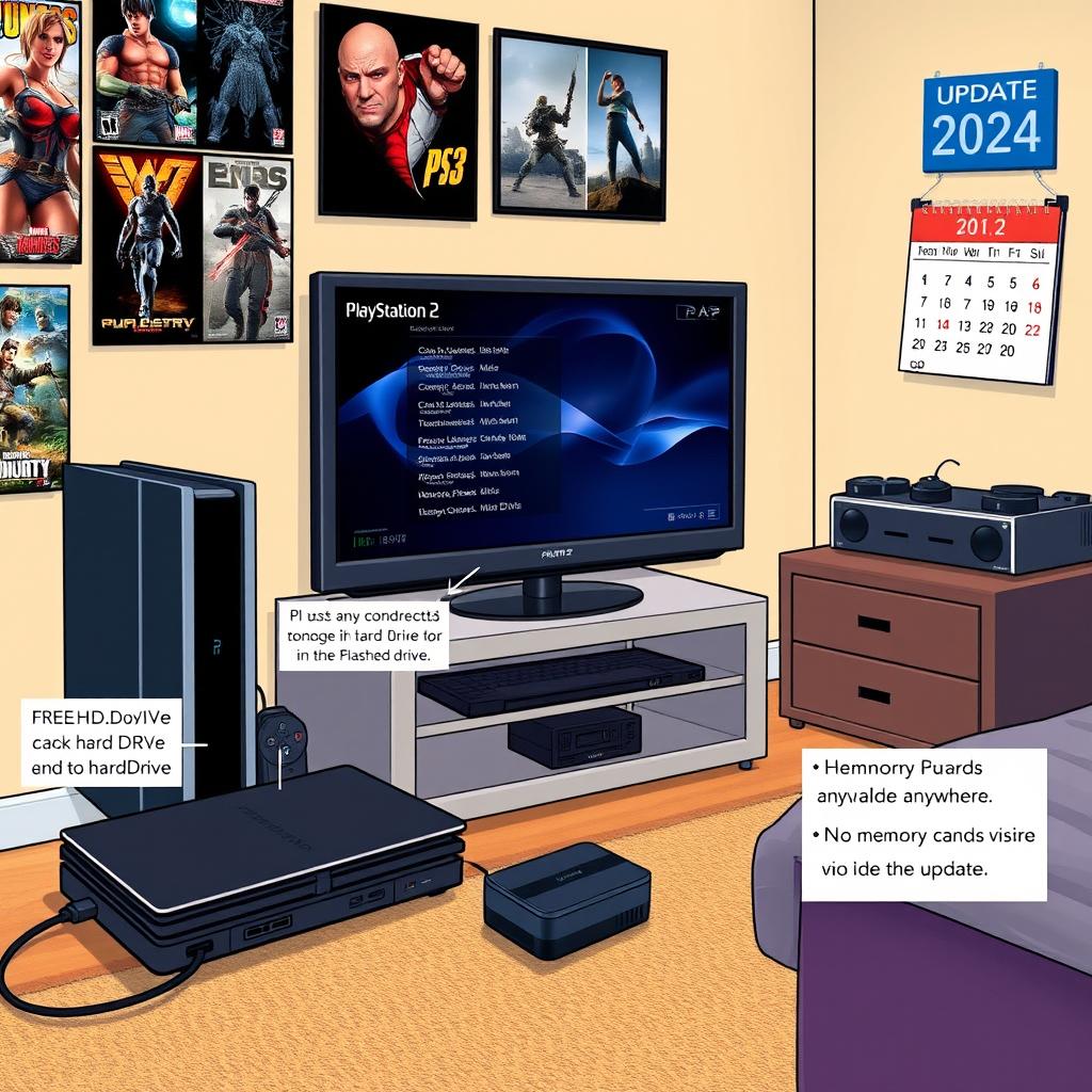 Illustration of a PlayStation 2 setup showing a console connected to a large hard drive, with a TV screen displaying a game menu