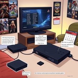 Illustration of a PlayStation 2 setup showing a console connected to a large hard drive, with a TV screen displaying a game menu