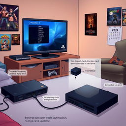 Illustration of a PlayStation 2 setup showing a console connected to a large hard drive, with a TV screen displaying a game menu