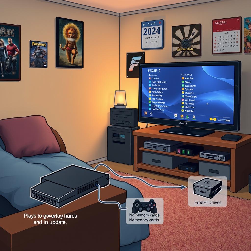 Illustration of a PlayStation 2 setup showing a console connected to a large hard drive, with a TV screen displaying a game menu