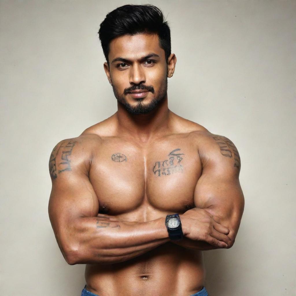 A handsome muscular man showcasing a tattoo on his arm that reads 'Prabin Biswa'.