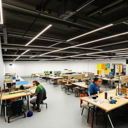 A bustling makerspace in a rectangular hall, filled with workstations, creativity enhancing tools, and comfortable seating zones designed for maximum productivity.