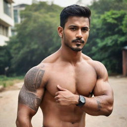 A handsome muscular man showcasing a tattoo on his arm that reads 'Prabin Biswa'.