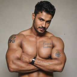 A handsome muscular man showcasing a tattoo on his arm that reads 'Prabin Biswa'.