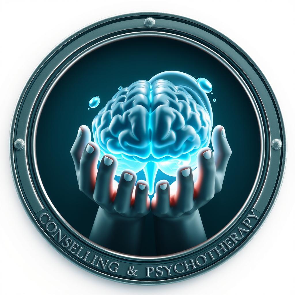 3D rendered emblem featuring the hands of the Greek goddess Iaso holding a glowing, liquid-like form dynamically shaping into a human brain