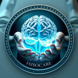 3D rendered emblem featuring the hands of the Greek goddess Iaso holding a glowing, liquid-like form dynamically shaping into a human brain