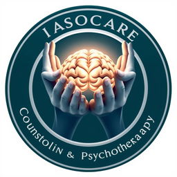 Circular logo for 'Iasocare Counselling and Psychotherapy' featuring the hands of the Greek goddess Iaso holding a glowing brain