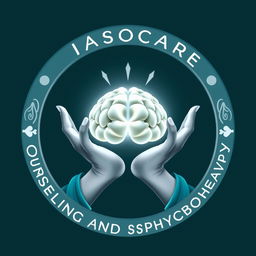 Circular logo for 'Iasocare Counselling and Psychotherapy' featuring the hands of the Greek goddess Iaso holding a glowing brain