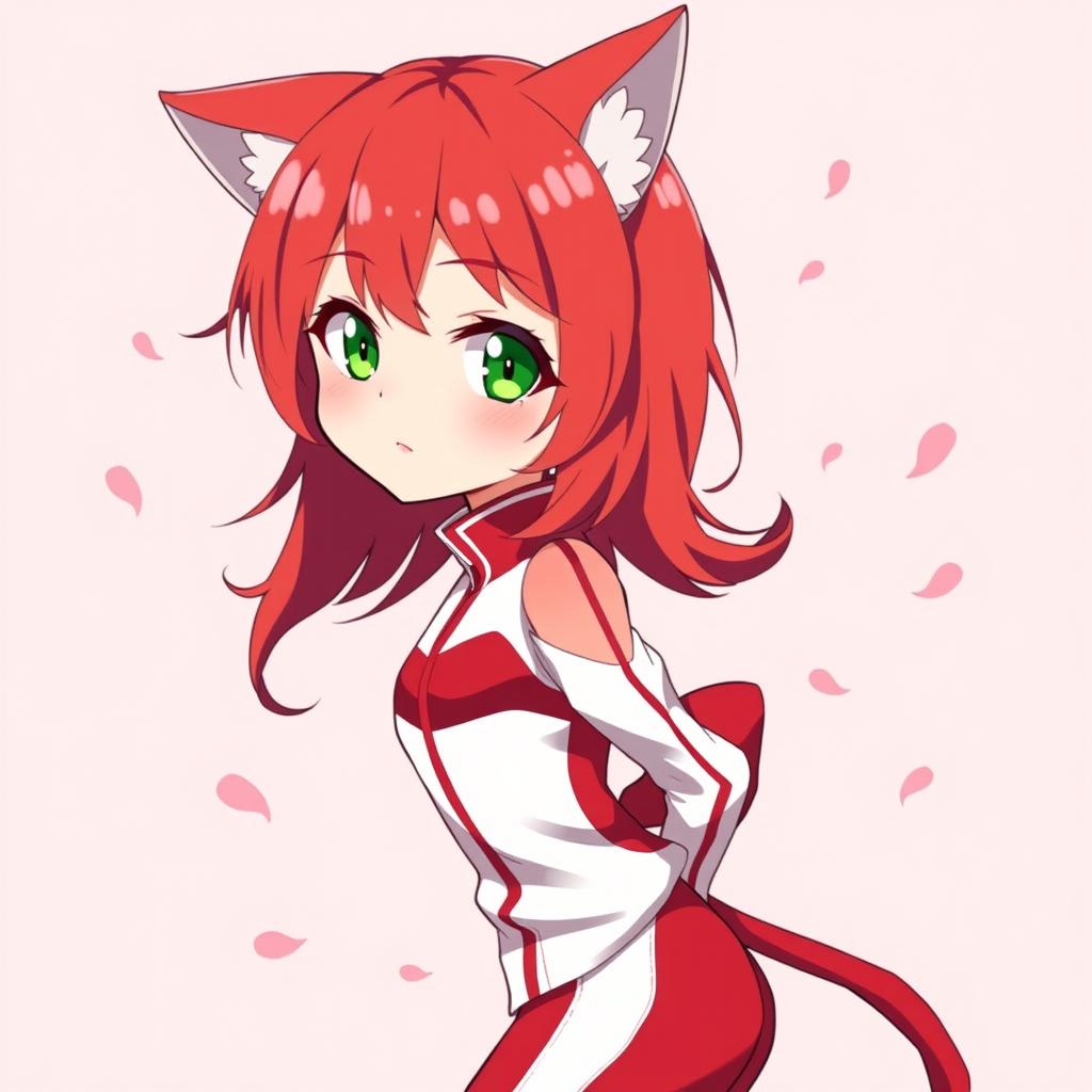 Anime illustration of a cute girl with a red and white color scheme, featuring sleek red and white clothing that accentuates her anime aesthetic