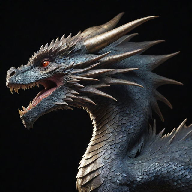 A detailed side view of an imposing dragon originating from the left, its scales reflecting the light, capturing a moment of majestic movement.