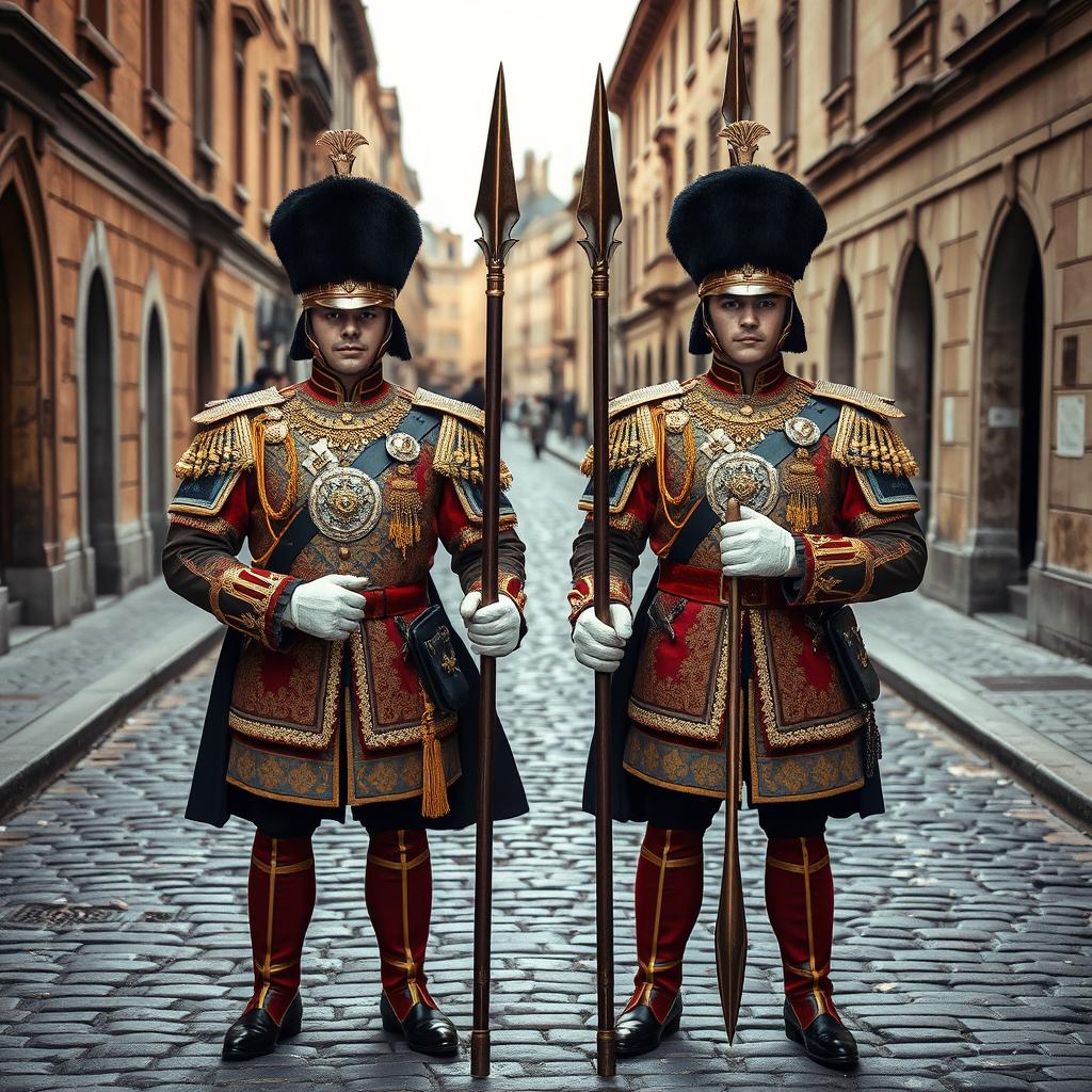 two strong royal guards blocking the street, looking directly at the viewer with a commanding presence