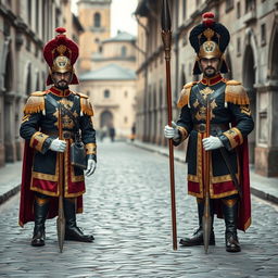 two strong royal guards blocking the street, looking directly at the viewer with a commanding presence